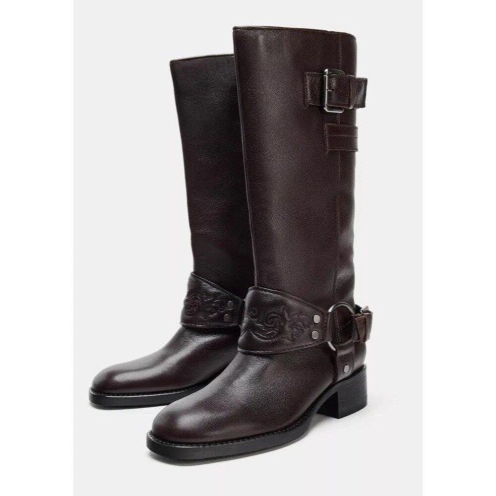 ZARA Brown Leather Embroidered Moto Biker Boots Strap Spur Buckle EUR 41 US 10